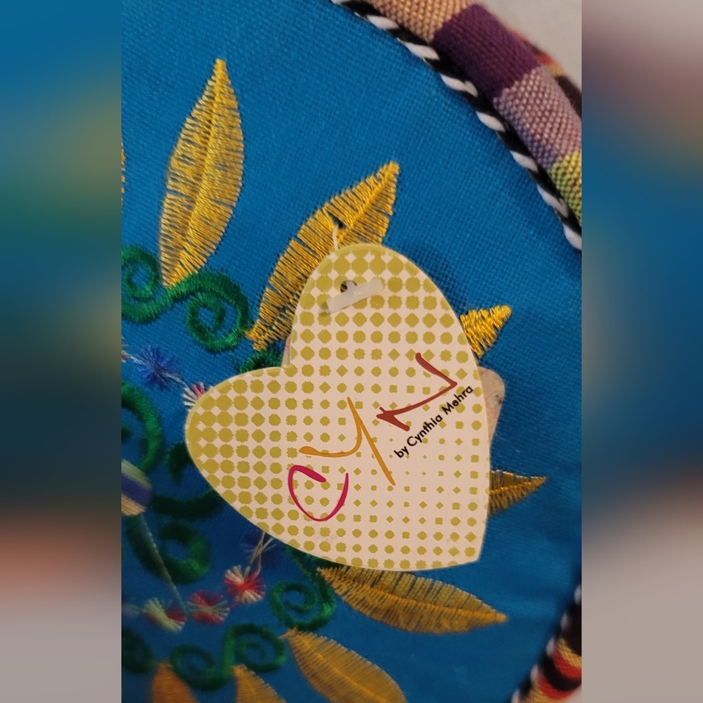 Cynthia embroidered Circular boho bag purse floral shoulder strap blue yellow - Picture 4 of 9